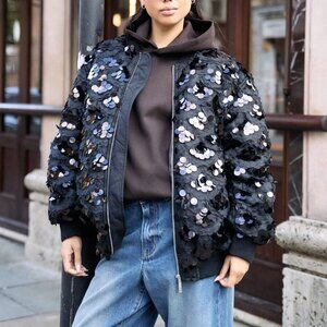 Black Casual Women's Oversized Sequin Embellished Bomber Coat